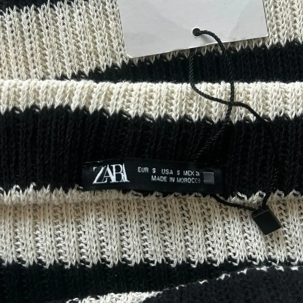 NWT Zara Black and White Striped Knit Midi Skirt Size Small